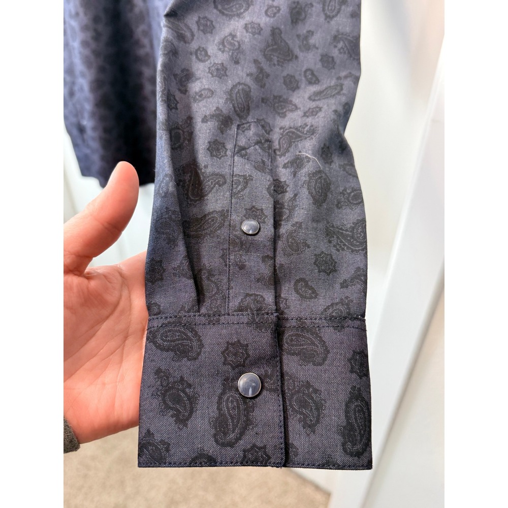 Age of Wisdom Mens Navy‎ Blue Paisley Snap Front Long Sleeve Shirt Large Stretch - Picture 8 of 10